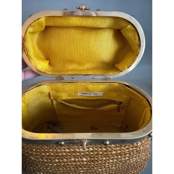 Vtg Straw Purse Oval Box Handbag Fabric Lined 1950s/ 1960s Italy - Read Details - Picture 6 of 15